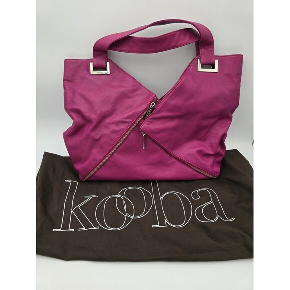 KOOBA Magenta Pink Oversized Leather Ryder Shoulder Purse Handbag Zipper Dustbag - Picture 1 of 15